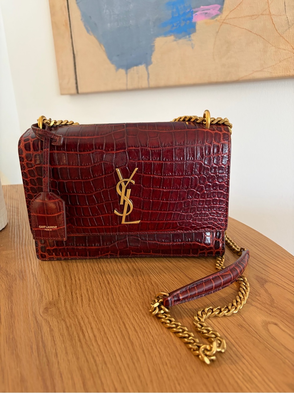 Saint Laurent Burgundy Croc-Embossed Shoulder Bag with Gold Hardware